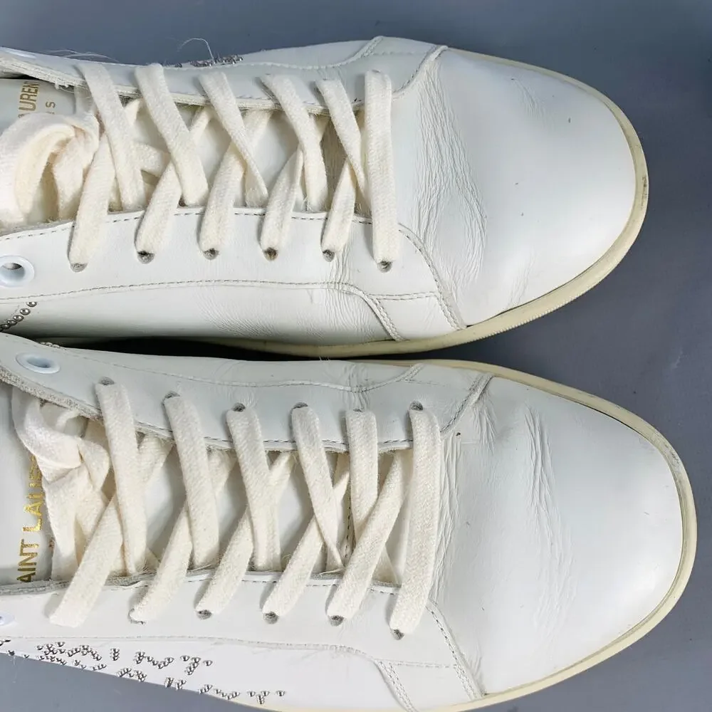 SAINT LAURENT Size 7 White Silver Leather Studded Low Top Sneakers